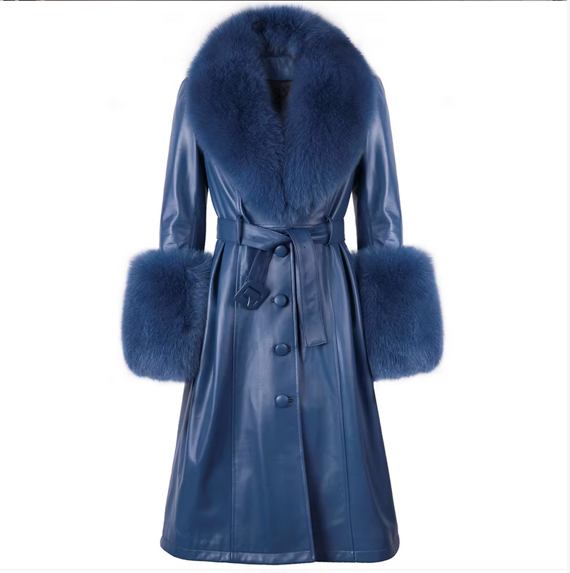 Long style sheepskin leather jacket fox fur collar winter coat real fur trim women warm jacke t