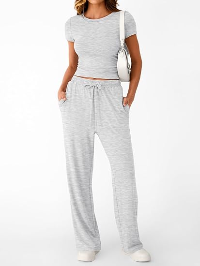 Trendy Queen 2 Piece Matching Summer Sweatsuit Lounge Set Womens Wide Leg Pants Side Ruching Crop Top Sets