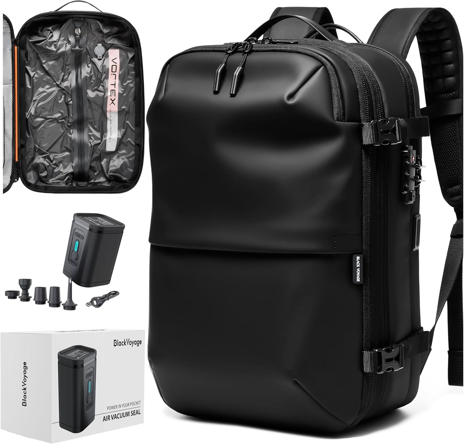 Vortex Vacuum Seal Travel Backpack 60L Expandable Air Compression System Water Resistant TSA Lock Carr
