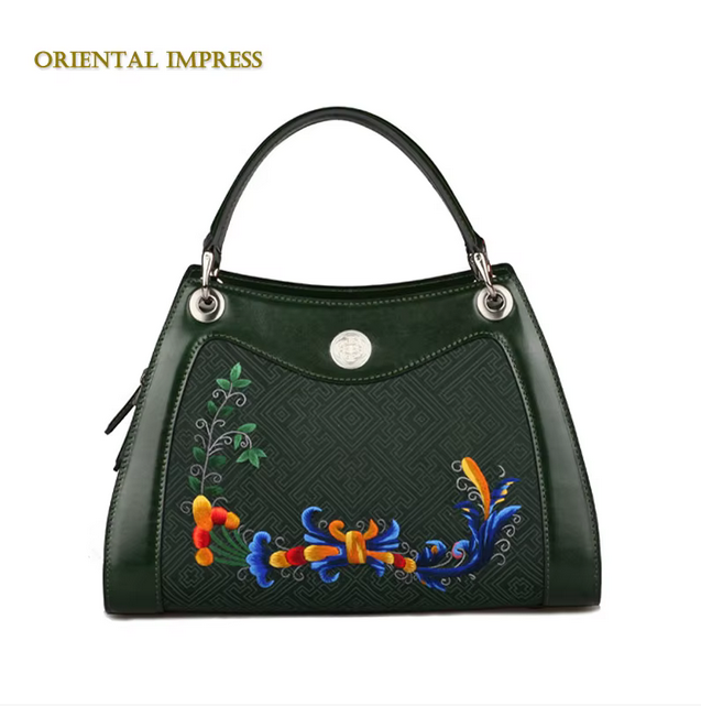 Hand-made embroidered ladies handbag trapezoid genuine leather bag