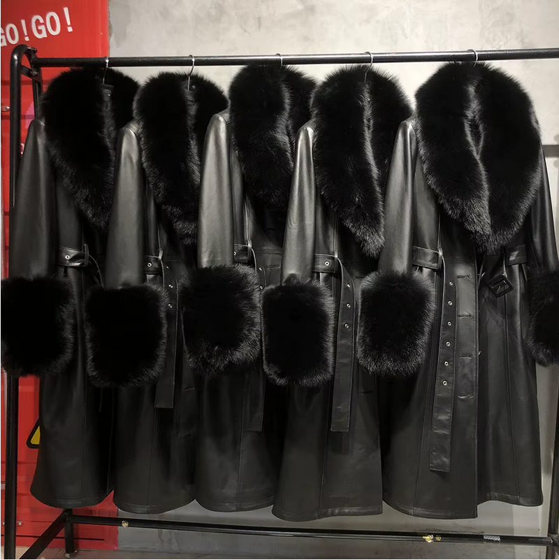 Long style sheepskin leather jacket fox fur collar winter coat real fur trim women warm jacke t