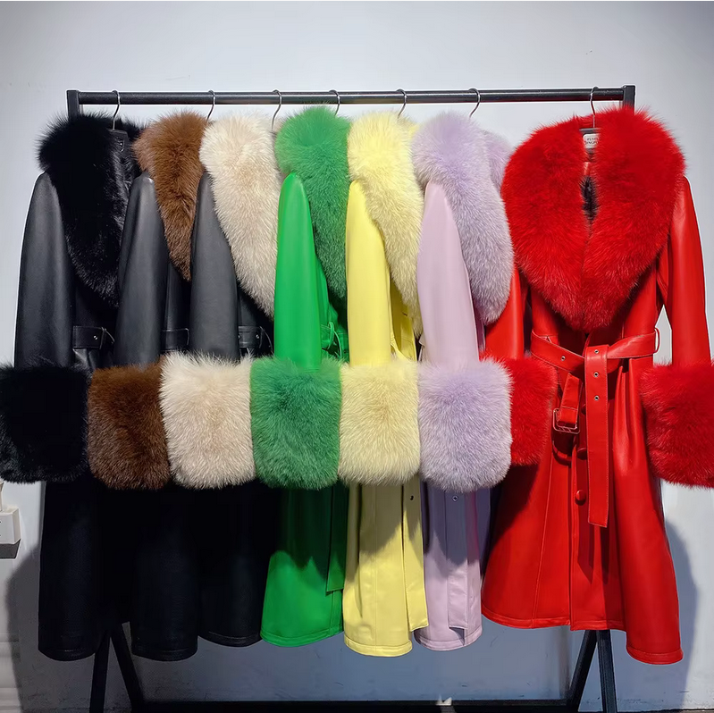 Long style sheepskin leather jacket fox fur collar winter coat real fur trim women warm jacke t