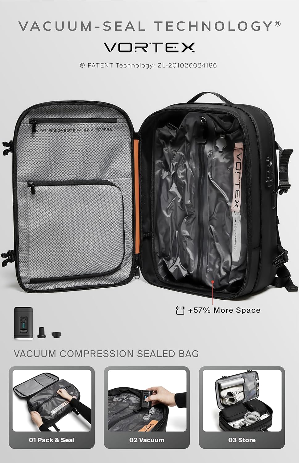 Vortex Vacuum Seal Travel Backpack 60L Expandable Air Compression System Water Resistant TSA Lock Carr