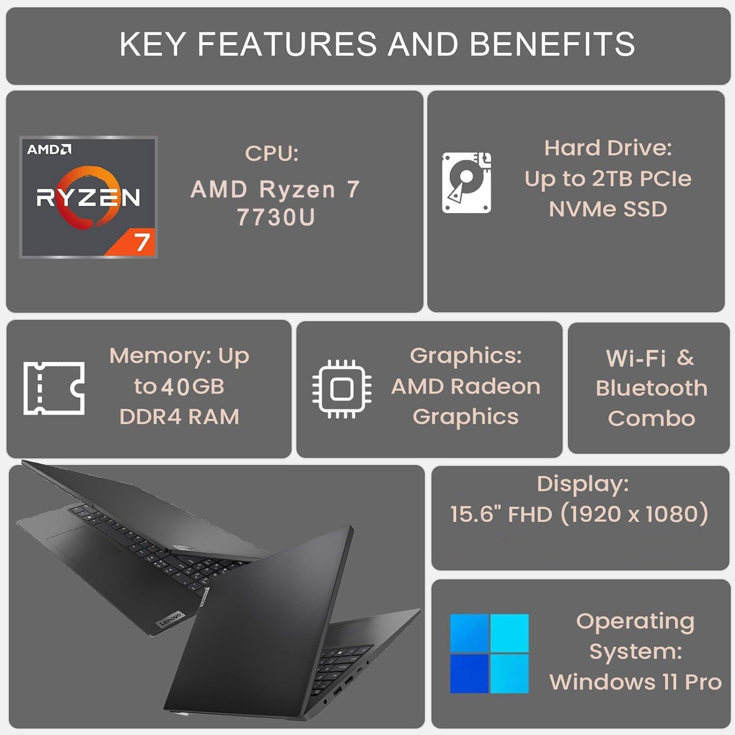 Lenovo V-Series V15 Business Laptop, 15.6" FHD Display