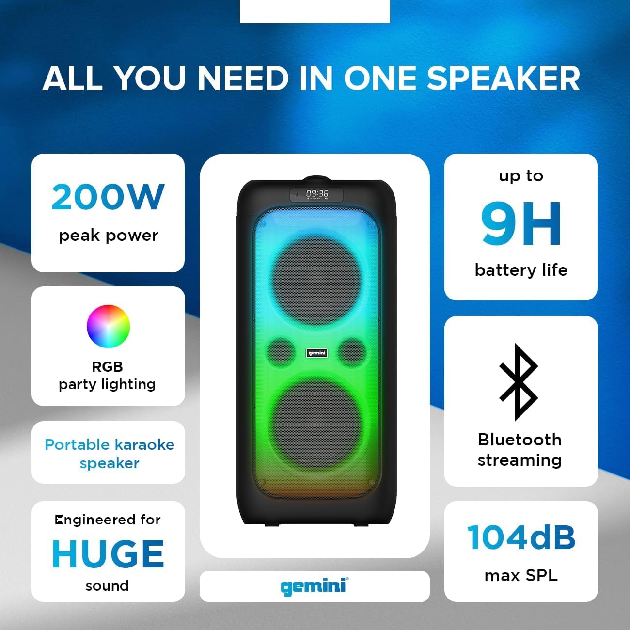 Gemini 200W Portable Bluetooth Party Speaker with Dual 6.5" Woofers