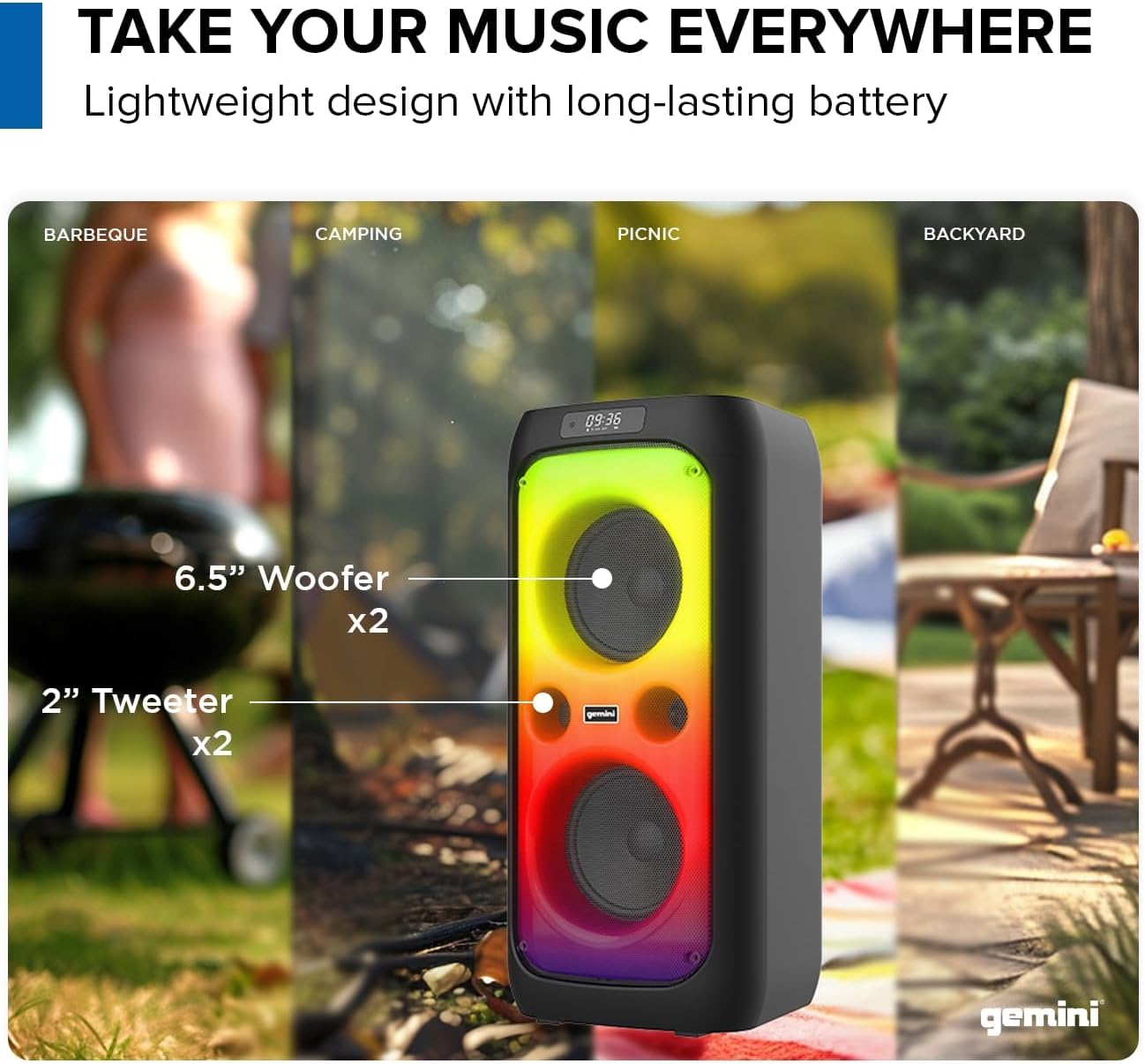 Gemini 200W Portable Bluetooth Party Speaker with Dual 6.5" Woofers