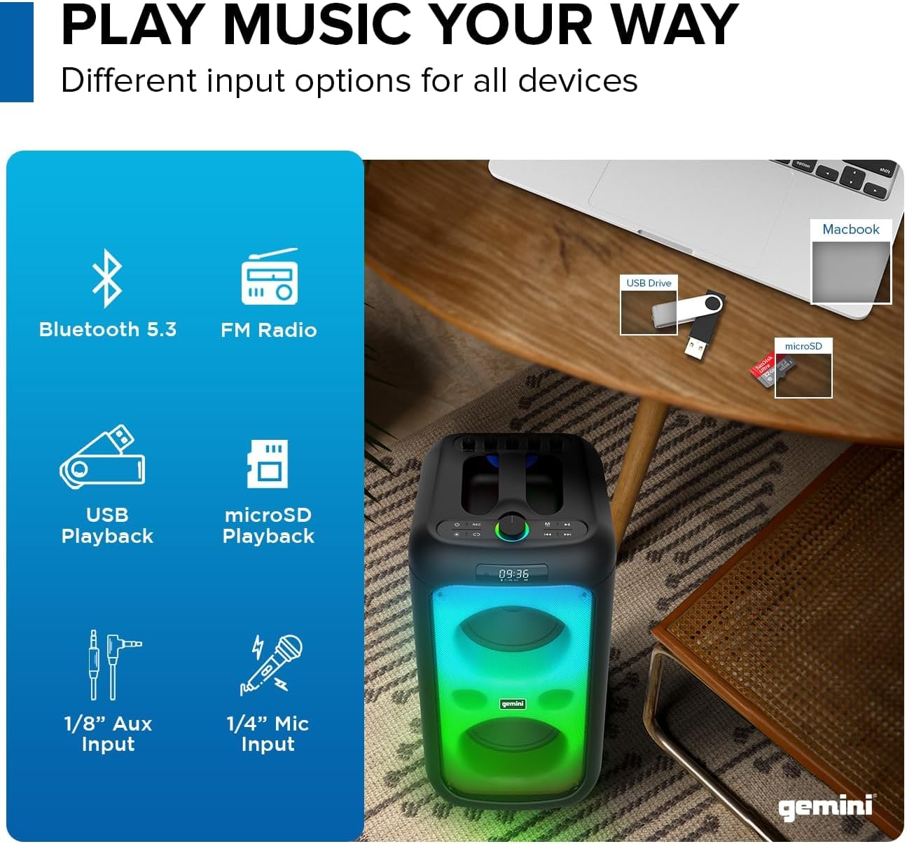 Gemini 200W Portable Bluetooth Party Speaker with Dual 6.5" Woofers