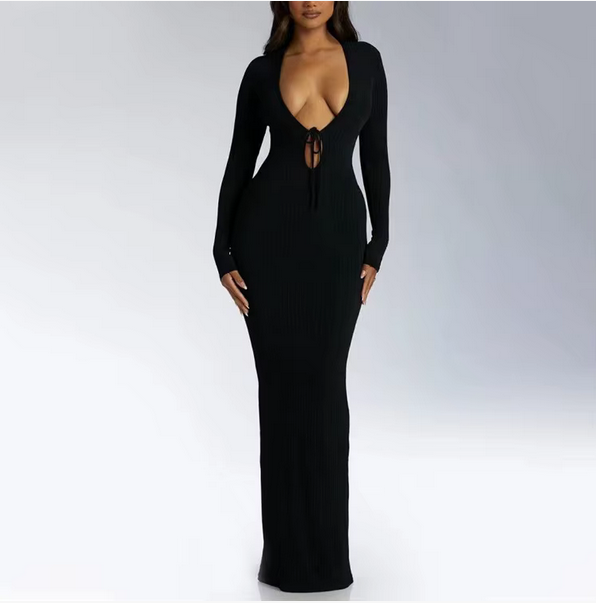 Manufacture 2023 spring elegant Deep V vacation romantic sexy slim fit bodycon party long sleeves dress