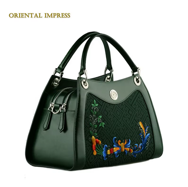 Hand-made embroidered ladies handbag trapezoid genuine leather bag