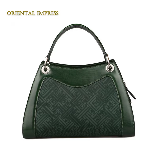 Hand-made embroidered ladies handbag trapezoid genuine leather bag