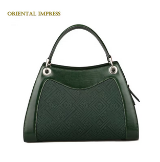 Hand-made embroidered ladies handbag trapezoid genuine leather bag